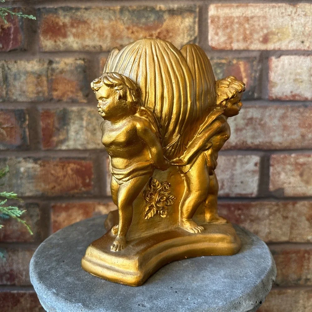 Vintage Gold Cherub Angel Votive Candle Holder Figurine Neoclassical Decor 7in
